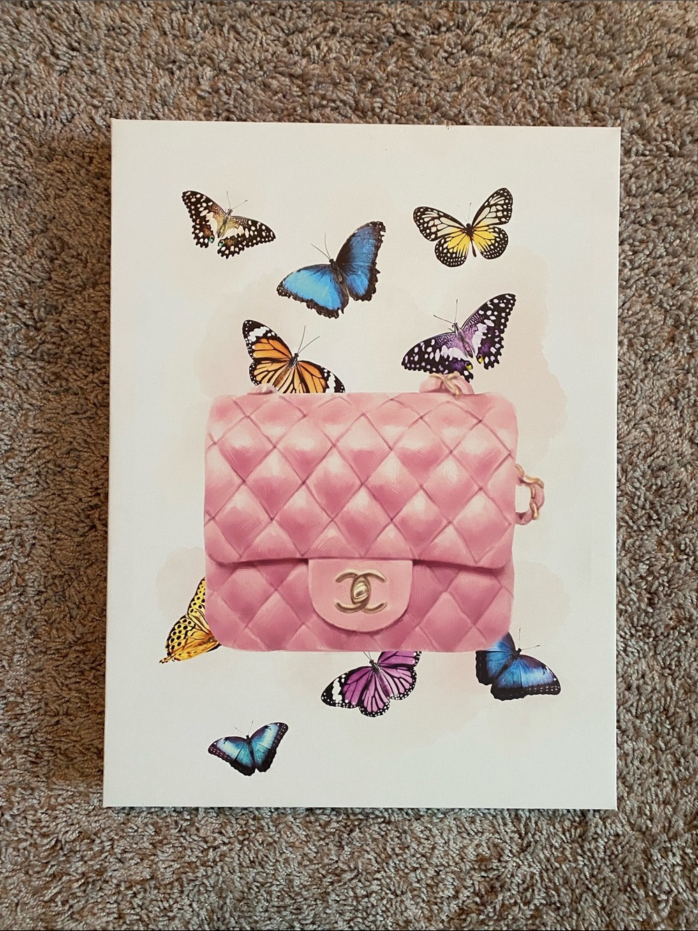 CHANEL Pink Quilted Handbag Art Print with Butterflies